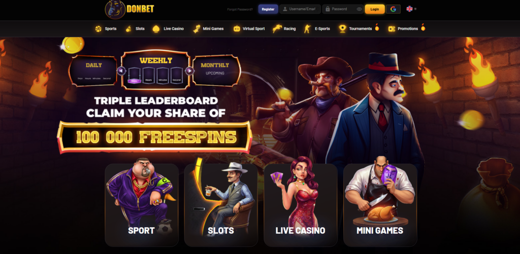 DonBet homepage featuring Italian mafia theme with casino and sportsbook access