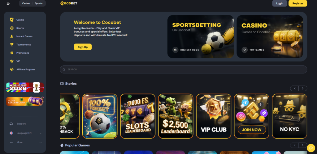 CocoBet homepage showing crypto casino interface and welcome offer