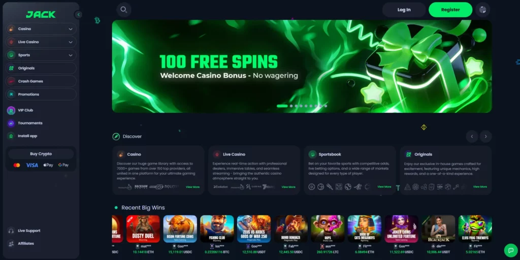 JACK casino homepage at jack.com showing sportsbook and crypto casino interface